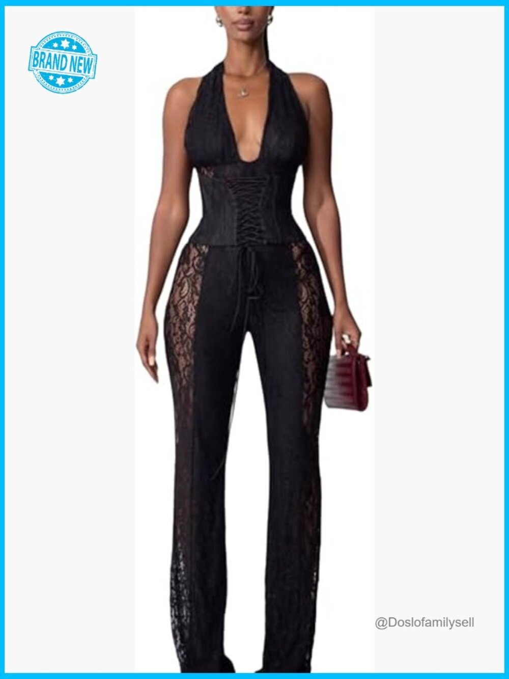Lace Jumpsuit Sexy See Through Deep V Neck Halter Flare Pants Romper Party Club